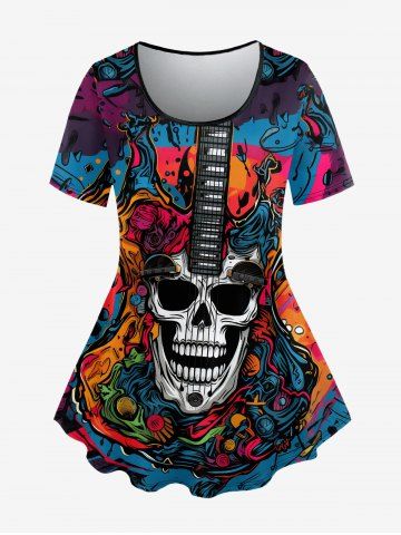 Gothic Skull Guitar Colorful Colorblock Print Halloween Short Sleeves T-shirt - MULTI-A - 1X