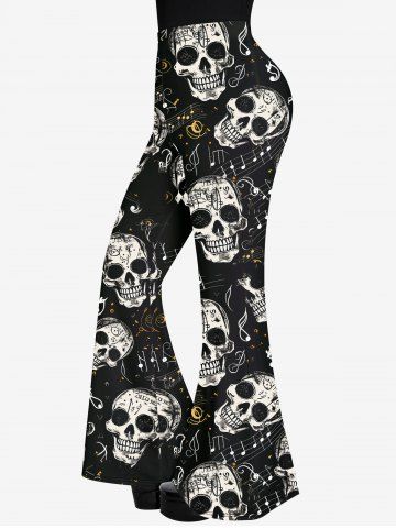 Gothic Skulls Music Symbol Print Halloween Flare Pants - BLACK - M