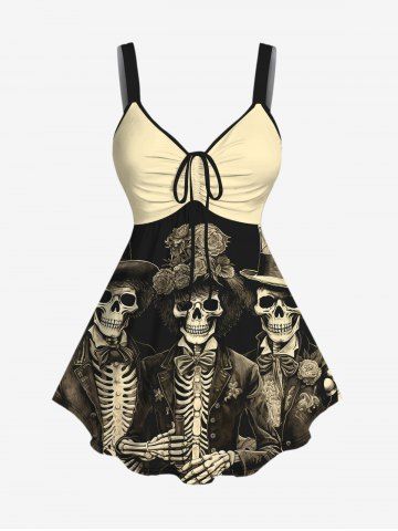 Gothic Halloween Skeleton Floral Hat Print Cinched Tank Top - BLACK - XS