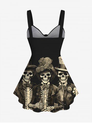 Gothic Halloween Skeleton Floral Hat Print Cinched Tank Top