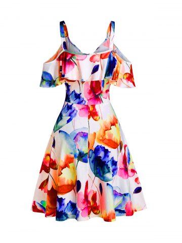 Floral Printed Cold Shoulder A Line Dress