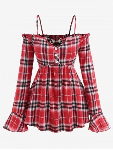 Plus Size Plaid Heart Buckle Buttons Off Shoulder Poet Sleeves Ruched T-shirt - RED - M | US 10