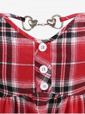 Plus Size Plaid Heart Buckle Buttons Off Shoulder Poet Sleeves Ruched T-shirt