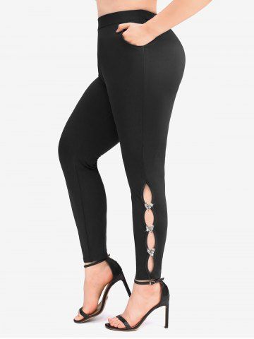 Plus Size Glitter Heart Buckle Side Cut Out Pocket Skinny Leggings