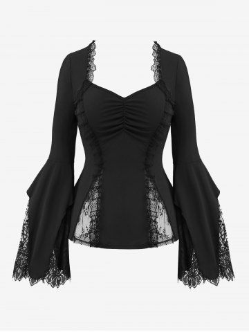 Gothic Cinched Floral Lace Panel Lace-trim Flare Sleeves T-shirt