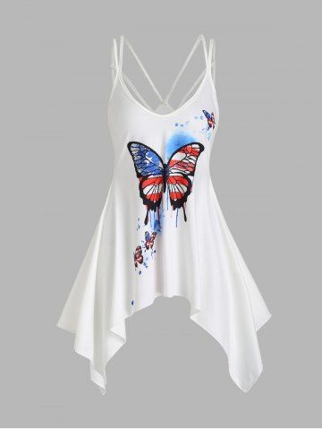 Asymmetrical Butterfly Print Cami Short Dress - WHITE - S