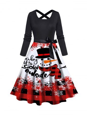 Christmas Cute Snowman Letter Plaid Print Bowknot Belted Long Sleeve Dress - RED - S