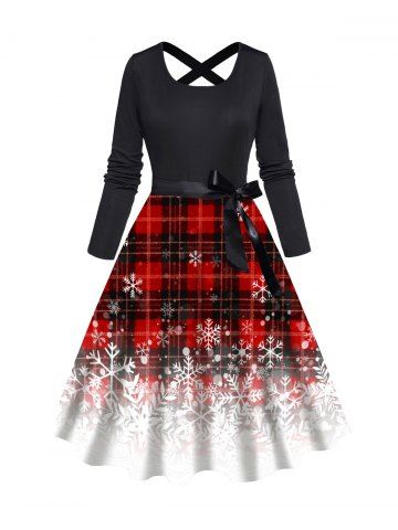 Christmas Snowflake Plaid Print Long Sleeve Belted Dress - RED - L