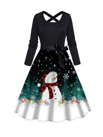 Christmas Snowflake Snowman Print Crisscross Bowknot Belted Long Sleeve Dress - BLACK - S