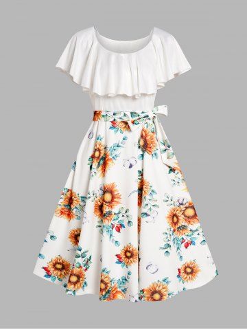 Sunflower Print Flounce Belted Dress - WHITE - XXL