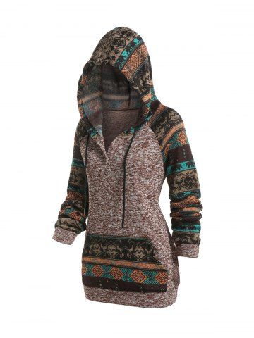 Hooded Raglan Sleeve Tribal Pattern Sweater - MULTI - L