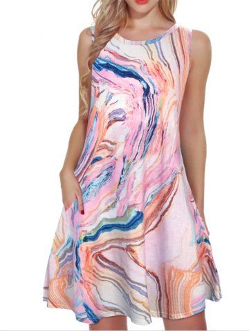 Marble Print Round Neck Mini Tank Dress - LIGHT PINK - L