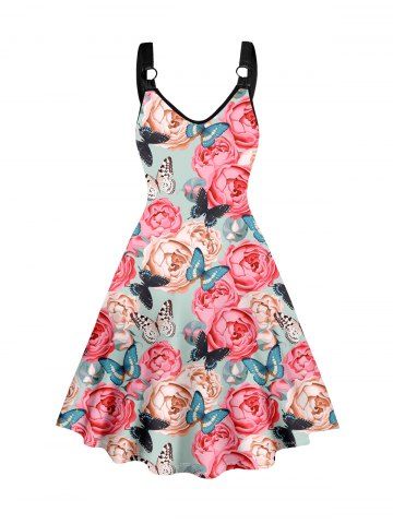 Vacation Colored Rose Butterfly Print Sleeveless V Neck O-ring Strap A Line Midi Dress - MULTI - L