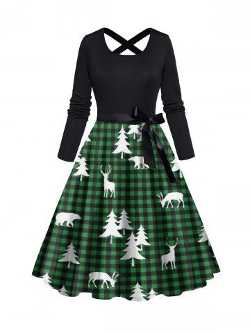 Christmas Tree Elk Plaid Print Long Sleeve Belted Combo Dress - DEEP GREEN - M