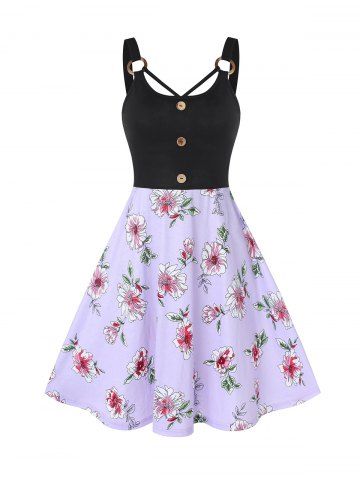 Floral Print Mini Fit and Flare Dress - LIGHT PURPLE - M