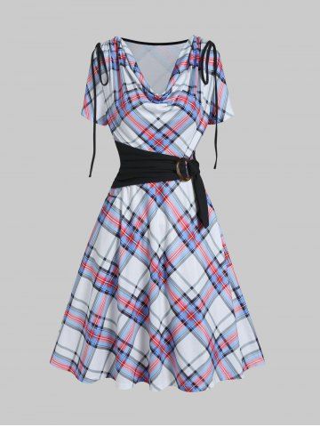 Plaid Print Draped Cinched O Ring Self Belted A Line Mini Dress - MULTI - L