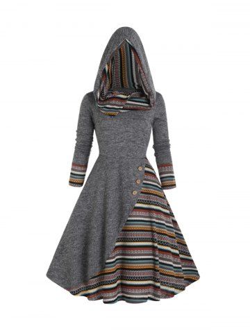 Tribal Stripe Graphic Panel Long Sleeve Knit Hooded Dress - GRAY - M