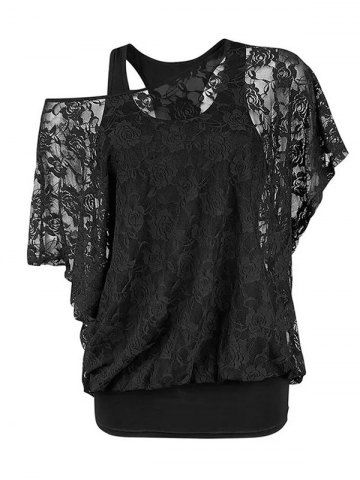 Solid Color Cami Top And Sheer Rose Lace Bat Sleeve Skew Neck T Shirt Two Piece Top - BLACK - XL