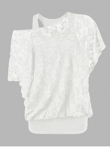 Solid Color Cami Top And Sheer Rose Lace Bat Sleeve Skew Neck T Shirt Two Piece Top - WHITE - S