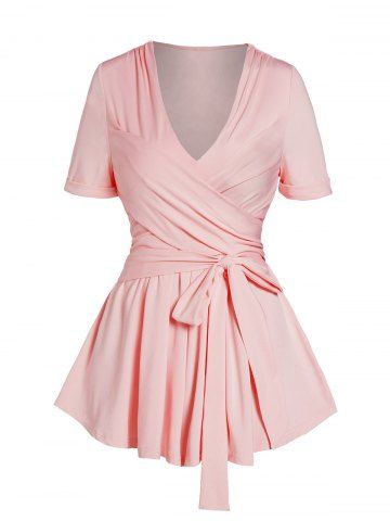 Crossover Bowknot Belt V Neck Short Sleeve Top - LIGHT PINK - XL