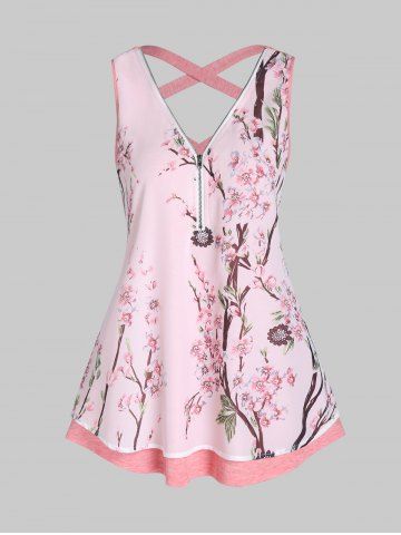 Peach Blossom Print Half Zipper Cross Cut Out Heathered Tank Top - LIGHT PINK - XXXL