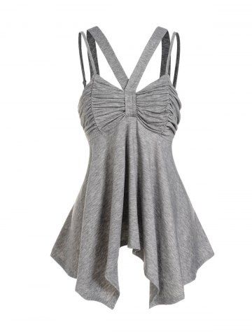 Ruched Heather Asymmetrical Hem Casual Tank Top - GRAY - S