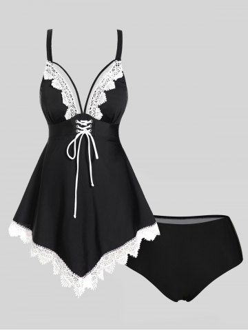 Modest Lace Panel Hollow Out Lace Up Scalloped Padded Tankini Swimsuit - BLACK - S