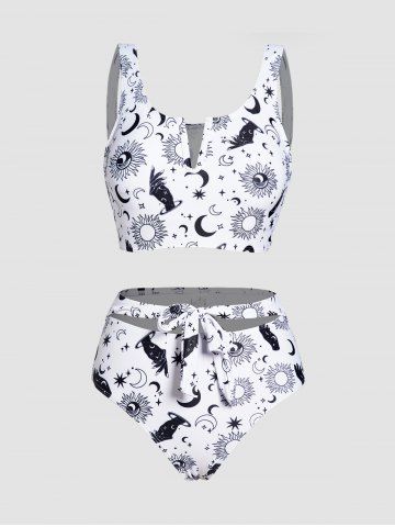 Allover Celestial Sun Moon Star Print Padded Tankini Swimsuit - WHITE - S