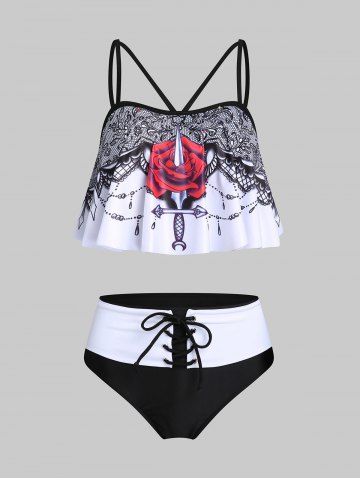 Dagger Rose Print Padded Tankini Swimsuit - BLACK - XXXL