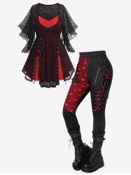 Mesh Jacquard Lace-up Butterfly Sleeve 2 In 1 Top And Mesh Overlay Lace-up Zippered Skinny Pants Gothic Outfit -  