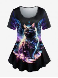 Plus Size Cat Wings Butterfly Glitter Print T-shirt -  