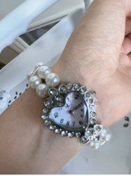 Vintage Faux Pearl Rhinestone Sparkling Oval Clock Bracelet -  