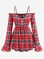 Plus Size Plaid Heart Buckle Buttons Off Shoulder Poet Sleeves Ruched T-shirt -  