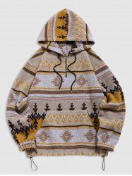 Men's Ethnic Aztec Print Fleece Zip Placket Toggle Drawstring Kangaroo Pocket Pullover Hoodie -  