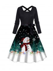 Christmas Snowflake Snowman Print Crisscross Bowknot Belted Long Sleeve Dress -  