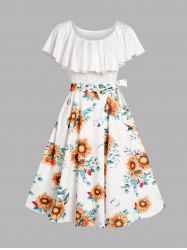 Robe Ceinturée à Imprimé Tournesol à Volants - Blanc XXL
