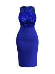 Robe de Soirée Moulante à Col Fendu à Dos Croisé à Paillettes - Bleu L
