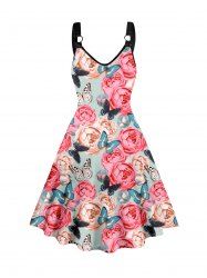 Robe Mi-Longue Ligne A à Imprimé Rose et Papillon Coloré Anneau O sans Manches de Vacance - Multi M