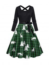 Christmas Tree Elk Plaid Print Long Sleeve Belted Combo Dress -  