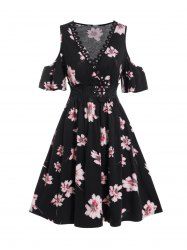 Mini-Robe Plongeante Applique à Imprimé Fleur à Epaule Dénudée - Noir L