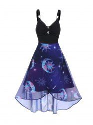Vintage Sun Moon Print Empire Waist Mock Button Mesh High Low Midi Dress -  