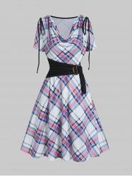 Plaid Print Draped Cinched O Ring Self Belted A Line Mini Dress -  