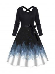 Christmas Tree Galaxy Print Crisscross Bowknot Belted Long Sleeve Dress -  