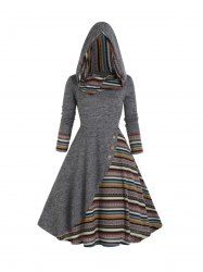 Tribal Stripe Graphic Panel Long Sleeve Knit Hooded Dress -  