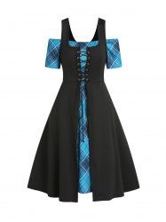 Plaid Print Off the Shoulder High Waisted Dress and Lace Up Solid Color Tank Dress Two Piece Set -  