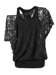 Solid Color Cami Top And Sheer Rose Lace Bat Sleeve Skew Neck T Shirt Two Piece Top -  