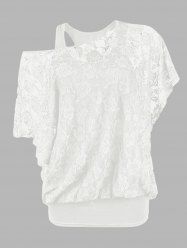 Solid Color Cami Top And Sheer Rose Lace Bat Sleeve Skew Neck T Shirt Two Piece Top -  