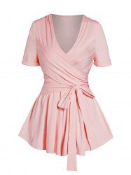 Crossover Bowknot Belt V Neck Short Sleeve Top -  