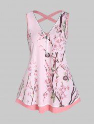 Peach Blossom Print Half Zipper Cross Cut Out Heathered Tank Top -  