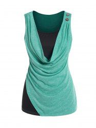 Contrast Colorblock Draped Cowl Neck Mock Button Casual Tank Top -  